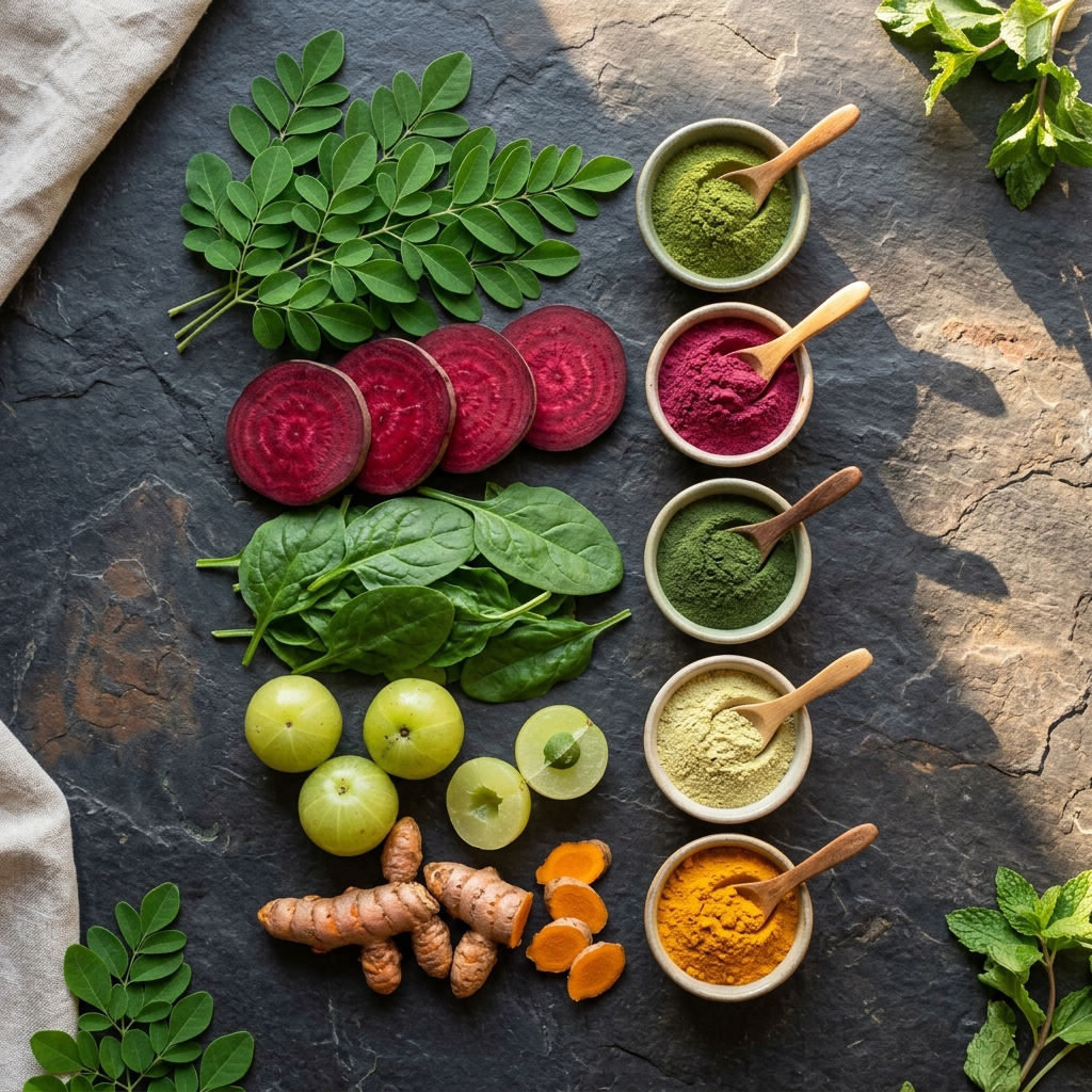 8 nutrient blends in ceramic bowls